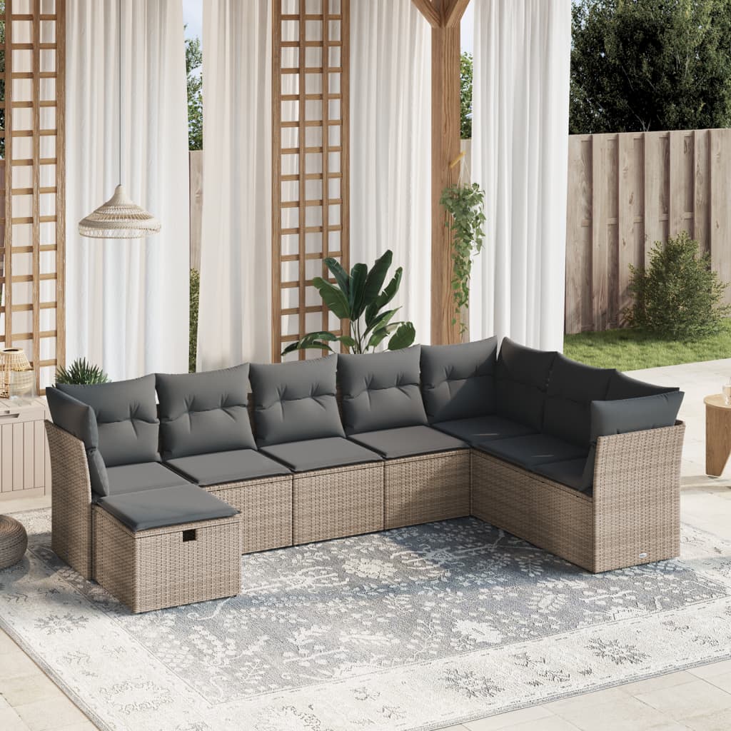 8-tlg. Garten-Sofagarnitur mit Kissen Grau Poly Rattan