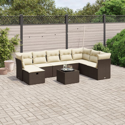 9-tlg. Garten-Sofagarnitur mit Kissen Braun Poly Rattan