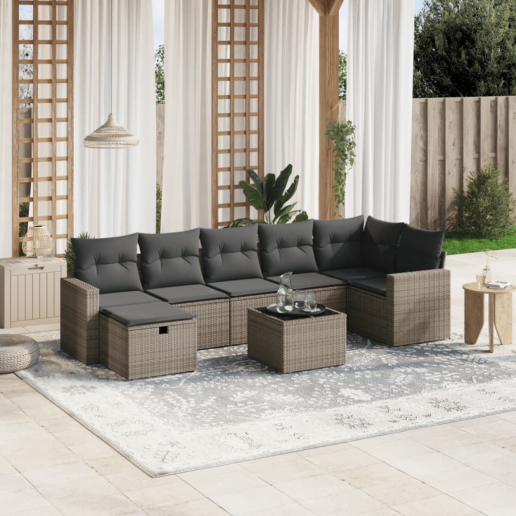 8-tlg. Garten-Sofagarnitur mit Kissen Grau Poly Rattan