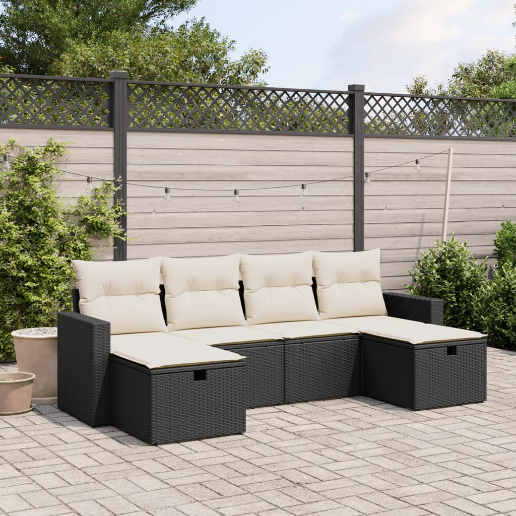 6-tlg. Garten-Sofagarnitur mit Kissen Schwarz Poly Rattan