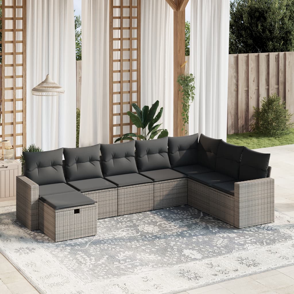 8-tlg. Garten-Sofagarnitur mit Kissen Grau Poly Rattan