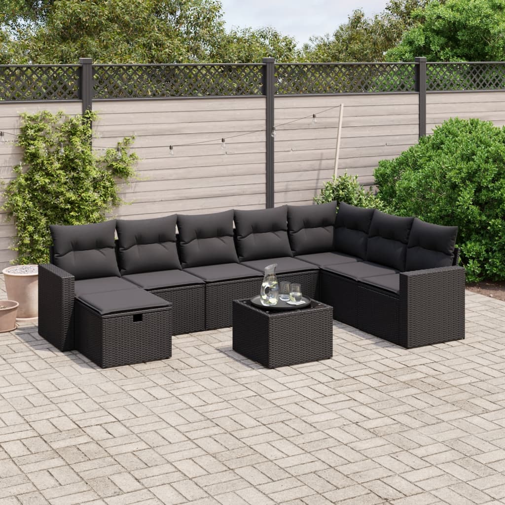9-tlg. Garten-Sofagarnitur mit Kissen Schwarz Poly Rattan