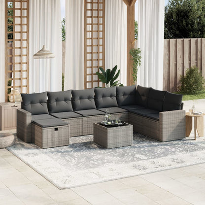 9-tlg. Garten-Sofagarnitur mit Kissen Grau Poly Rattan