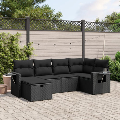 6-tlg. Garten-Sofagarnitur mit Kissen Schwarz Poly Rattan