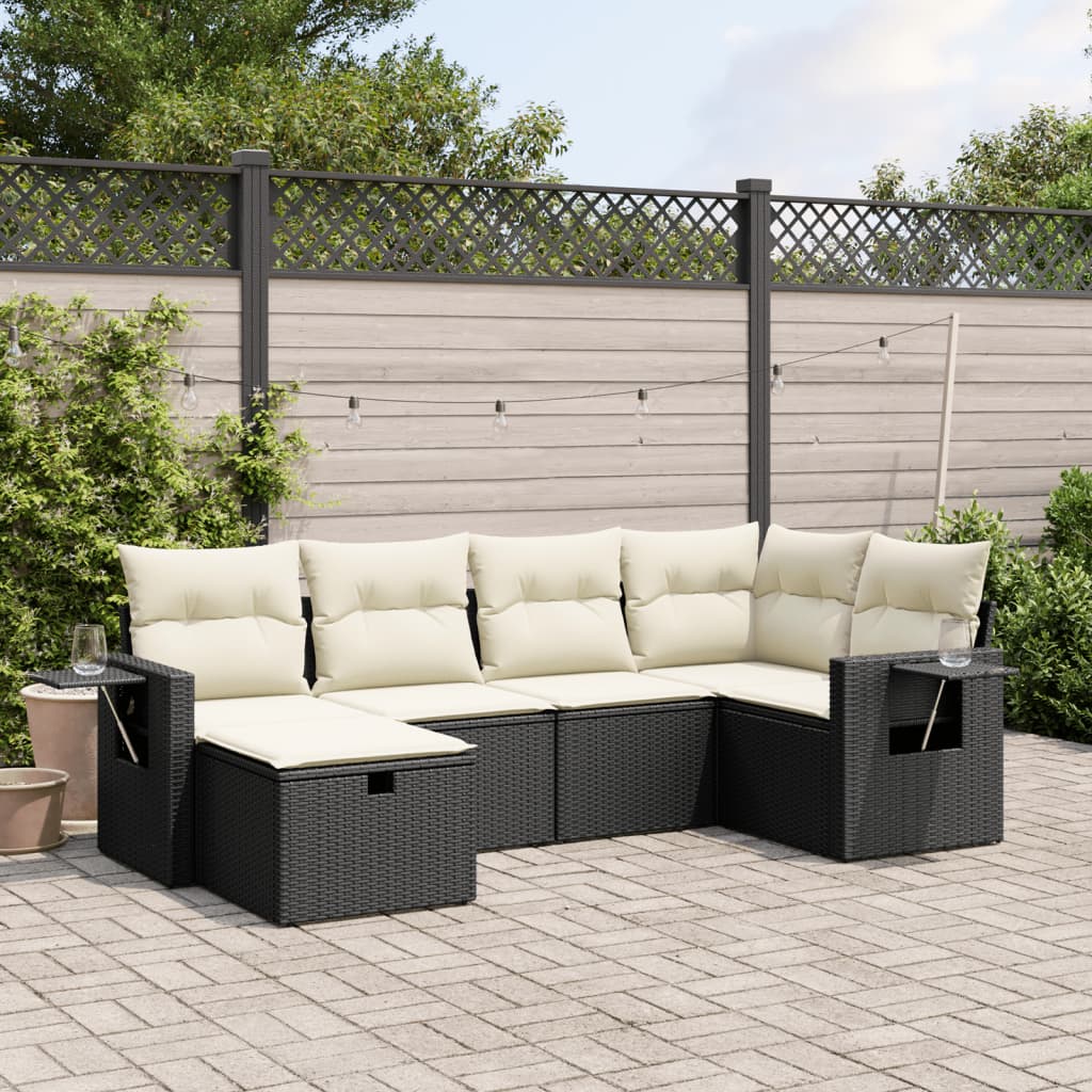 6-tlg. Garten-Sofagarnitur mit Kissen Schwarz Poly Rattan