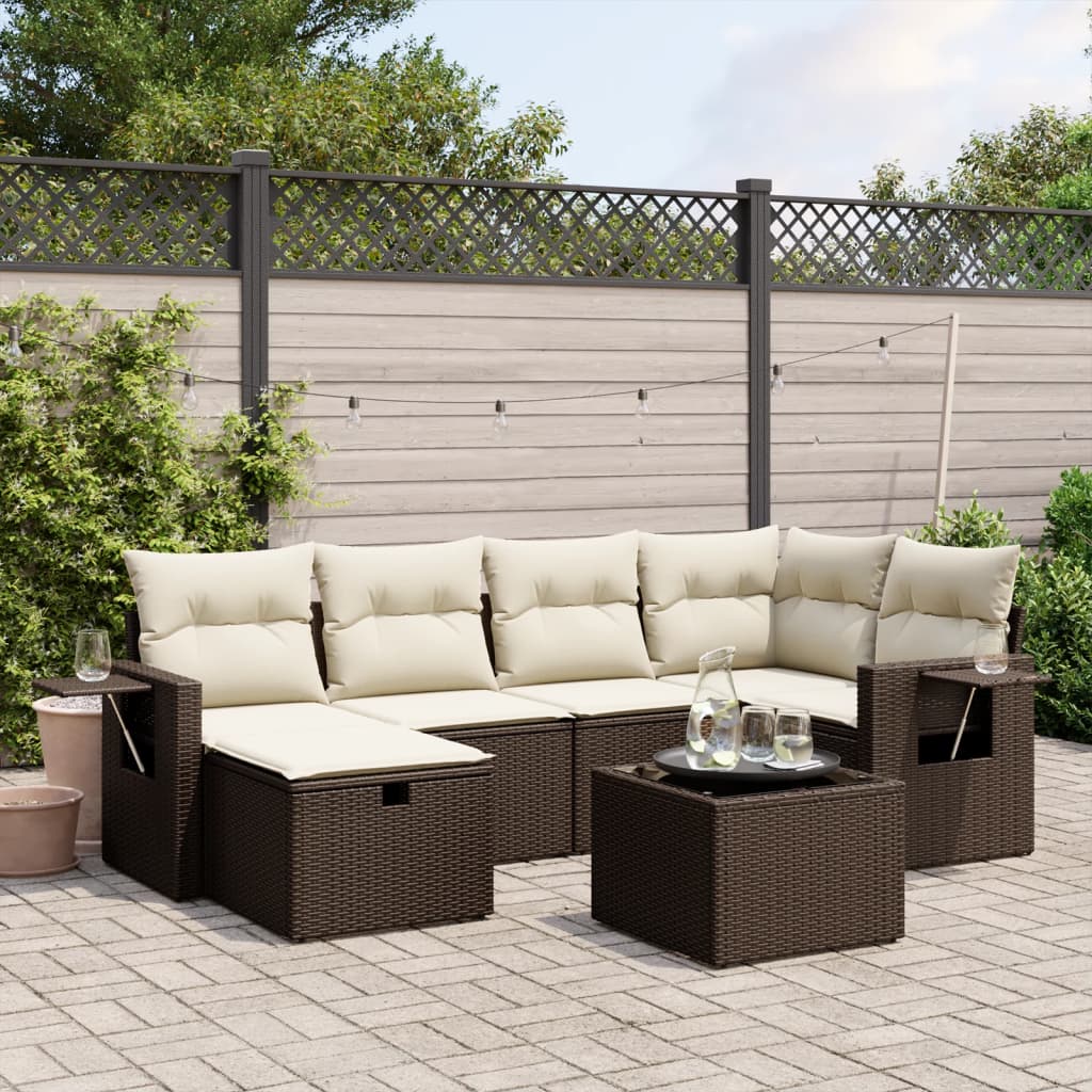 7-tlg. Garten-Sofagarnitur mit Kissen Braun Poly Rattan