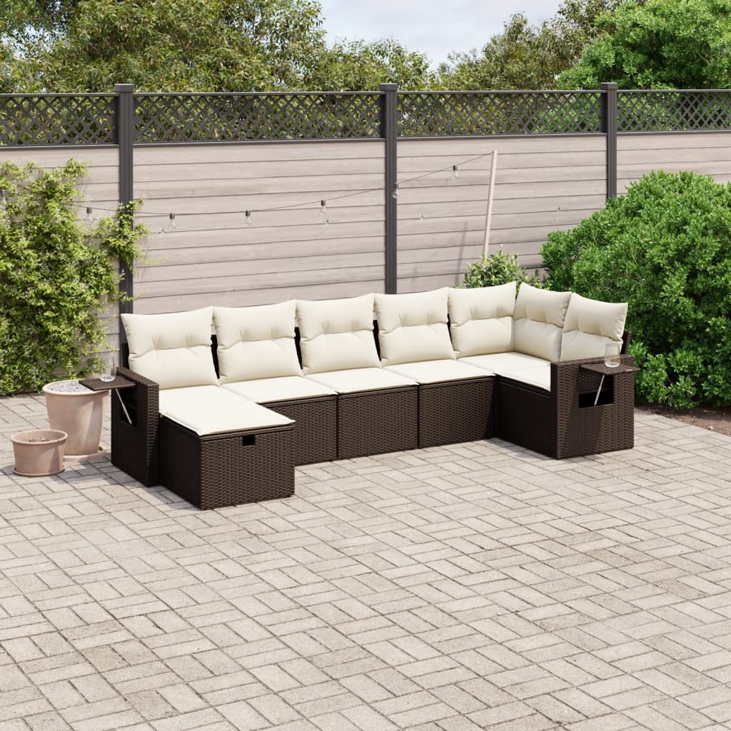 7-tlg. Garten-Sofagarnitur mit Kissen Braun Poly Rattan