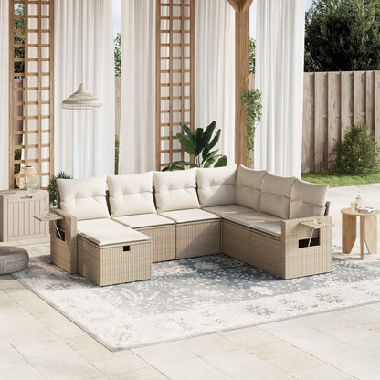 7-tlg. Garten-Sofagarnitur mit Kissen Beige Poly Rattan