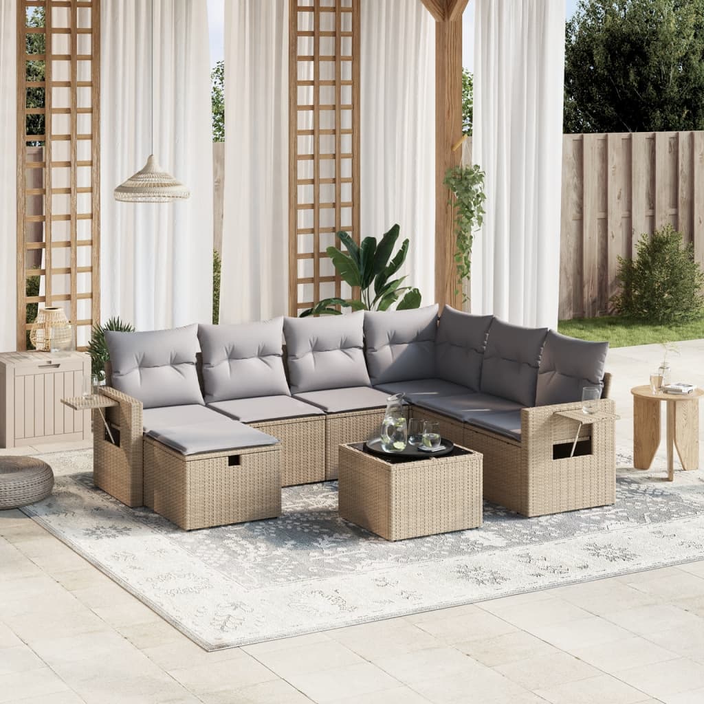 8-tlg. Garten-Sofagarnitur mit Kissen Beige Poly Rattan