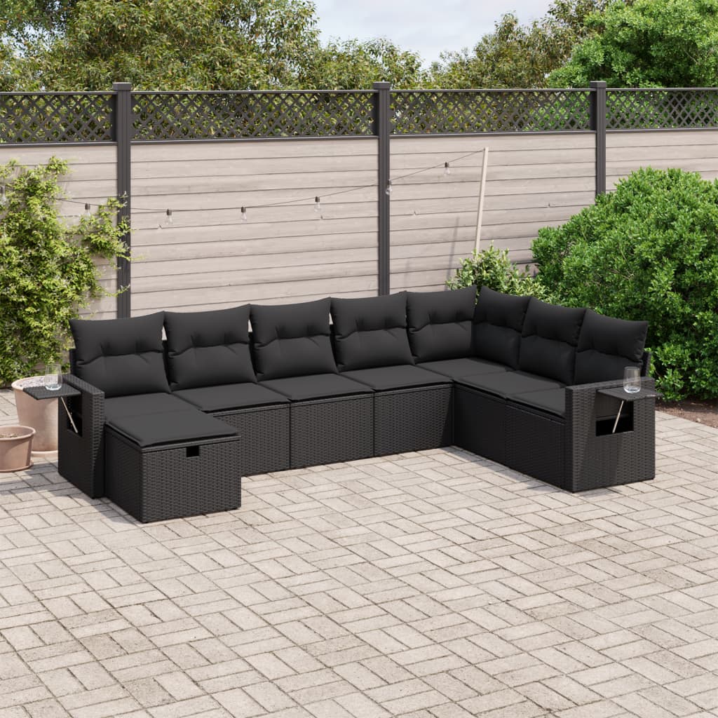 8-tlg. Garten-Sofagarnitur mit Kissen Schwarz Poly Rattan