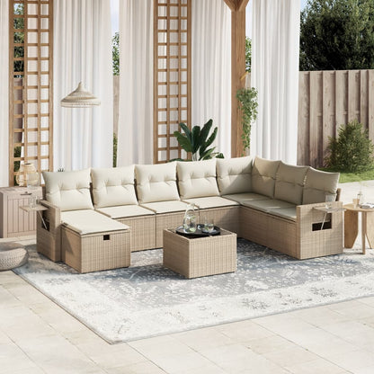 9-tlg. Garten-Sofagarnitur mit Kissen Beige Poly Rattan
