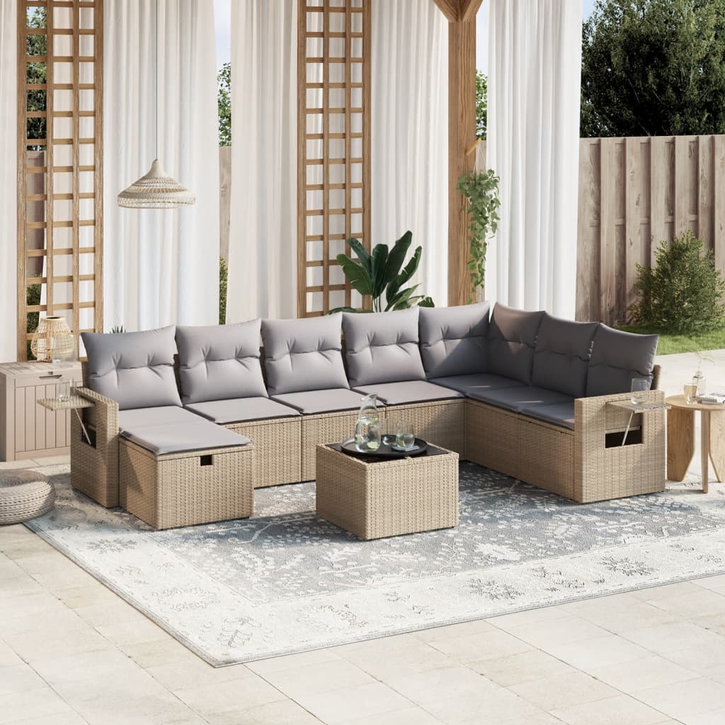 9-tlg. Garten-Sofagarnitur mit Kissen Beige Poly Rattan