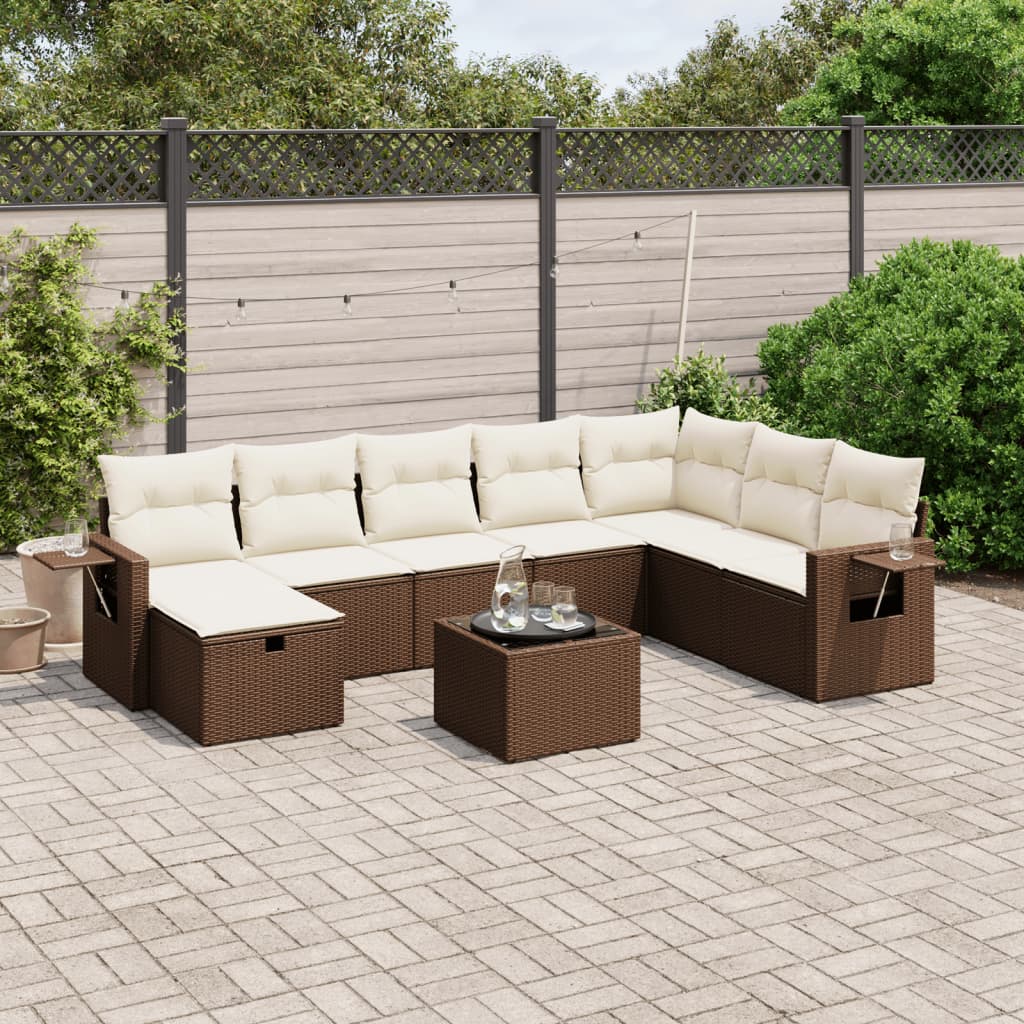 9-tlg. Garten-Sofagarnitur mit Kissen Braun Poly Rattan