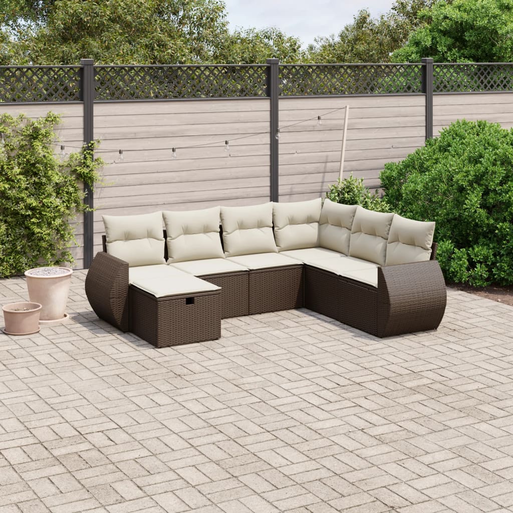 7-tlg. Garten-Sofagarnitur mit Kissen Braun Poly Rattan