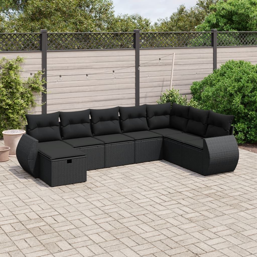 8-tlg. Garten-Sofagarnitur mit Kissen Schwarz Poly Rattan