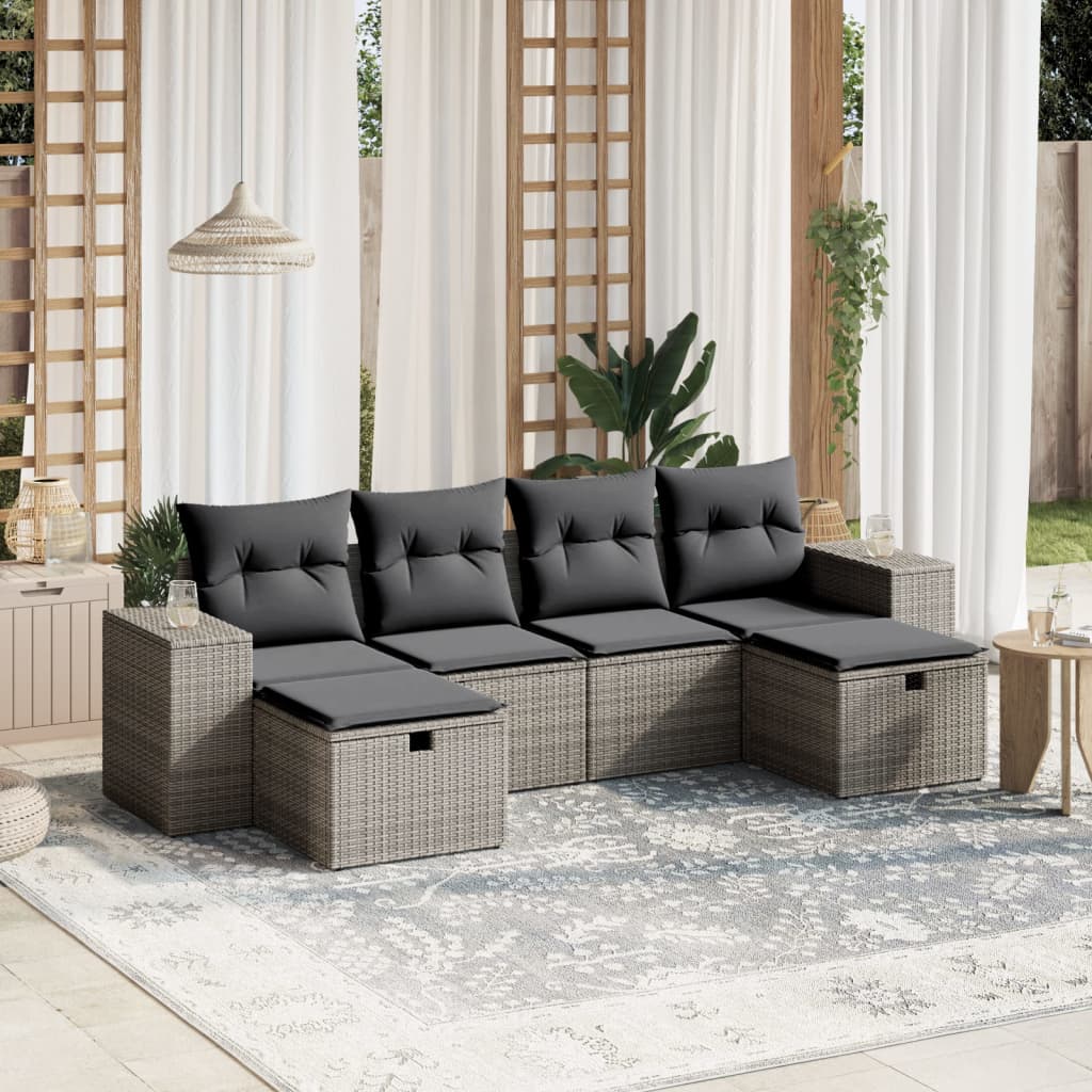 6-tlg. Garten-Sofagarnitur mit Kissen Grau Poly Rattan