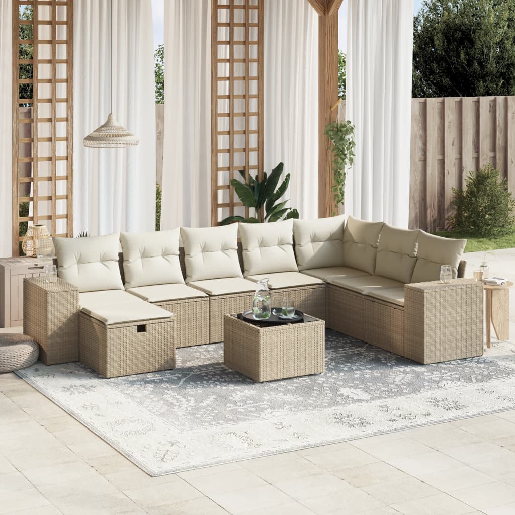 9-tlg. Garten-Sofagarnitur mit Kissen Beige Poly Rattan