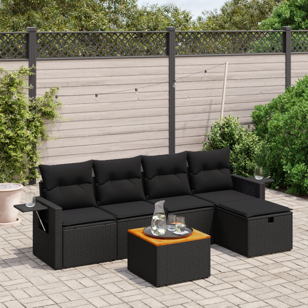 6-tlg. Garten-Sofagarnitur mit Kissen Schwarz Poly Rattan