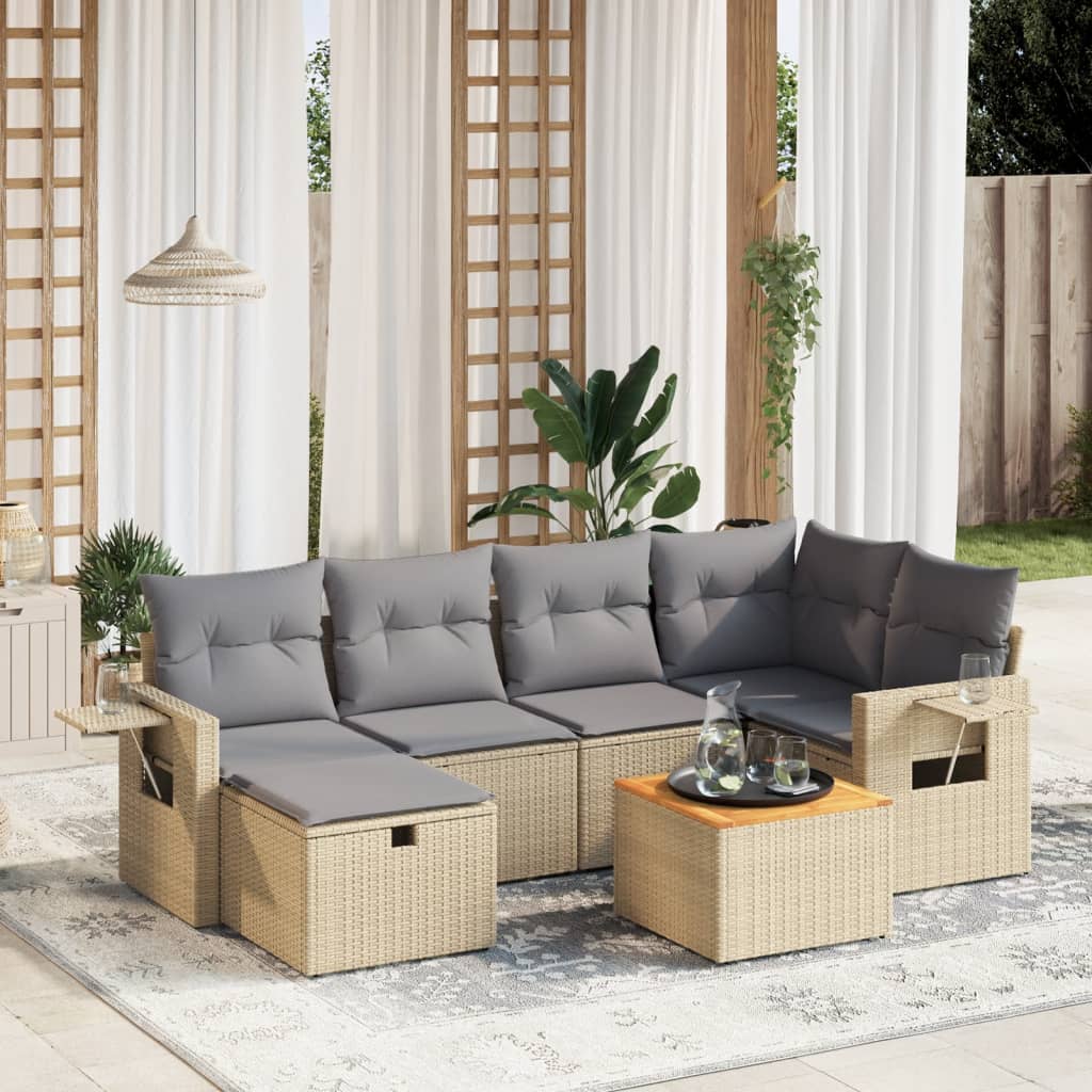 7-tlg. Garten-Sofagarnitur mit Kissen Beige Poly Rattan