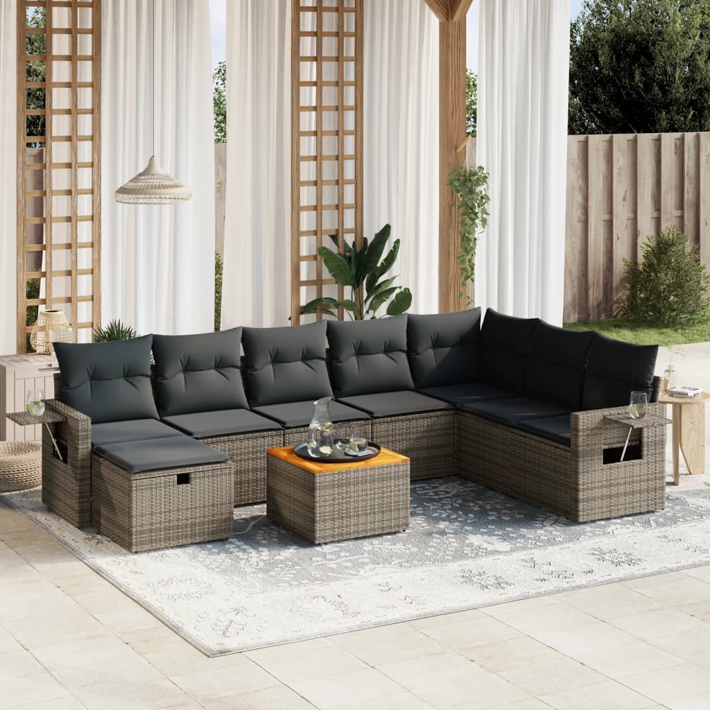 9-tlg. Garten-Sofagarnitur mit Kissen Grau Poly Rattan