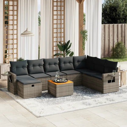 9-tlg. Garten-Sofagarnitur mit Kissen Grau Poly Rattan