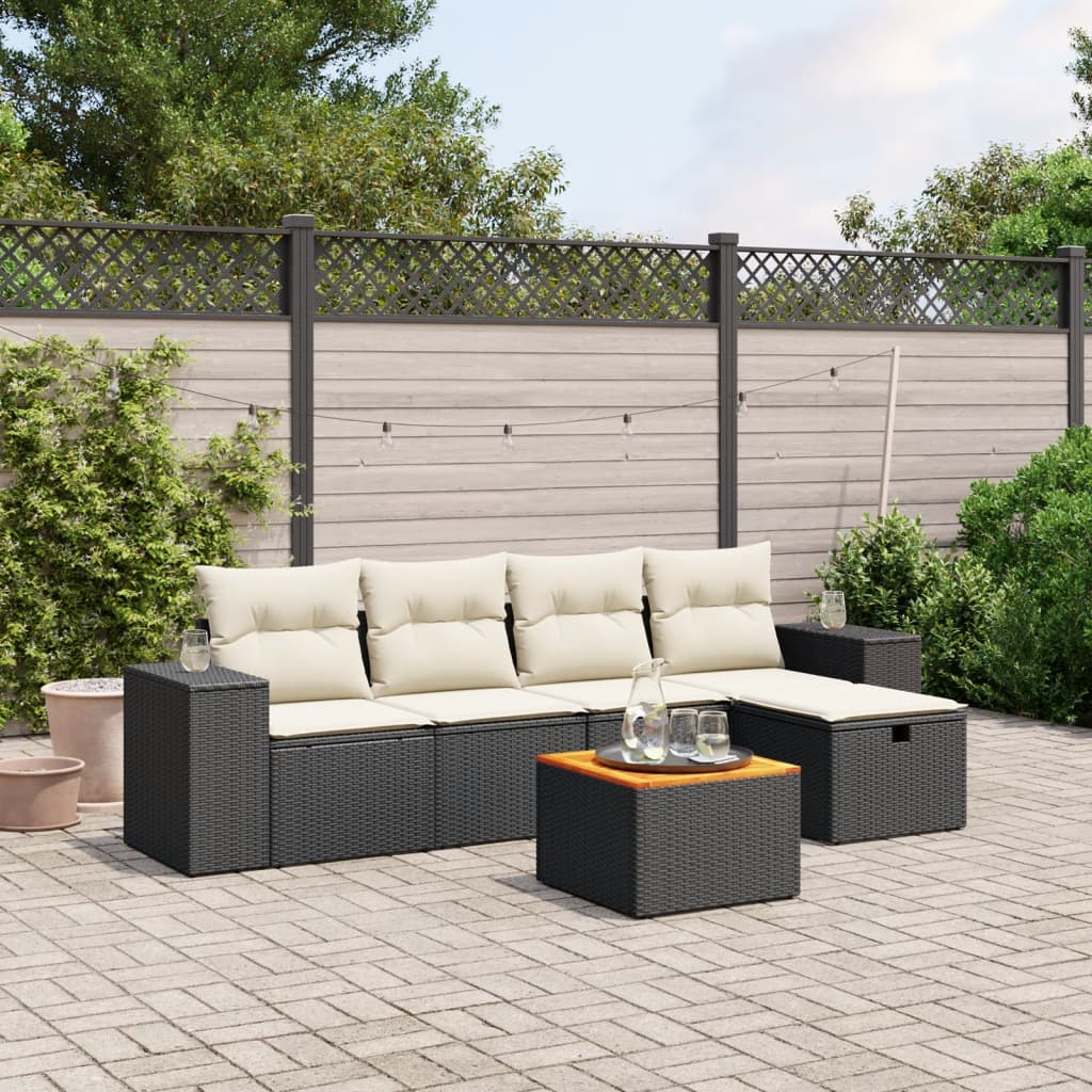 6-tlg. Garten-Sofagarnitur mit Kissen Schwarz Poly Rattan