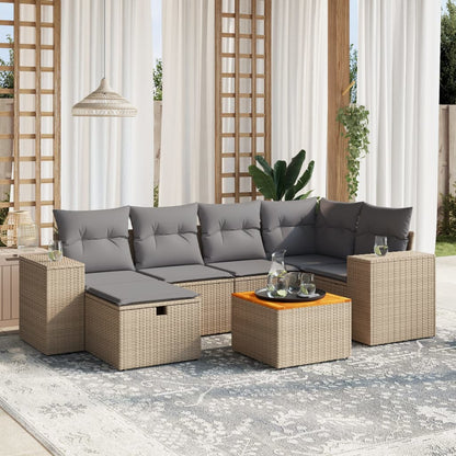 7-tlg. Garten-Sofagarnitur mit Kissen Beige Poly Rattan