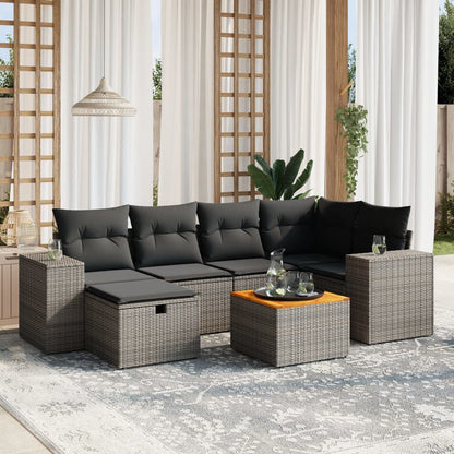 7-tlg. Garten-Sofagarnitur mit Kissen Grau Poly Rattan