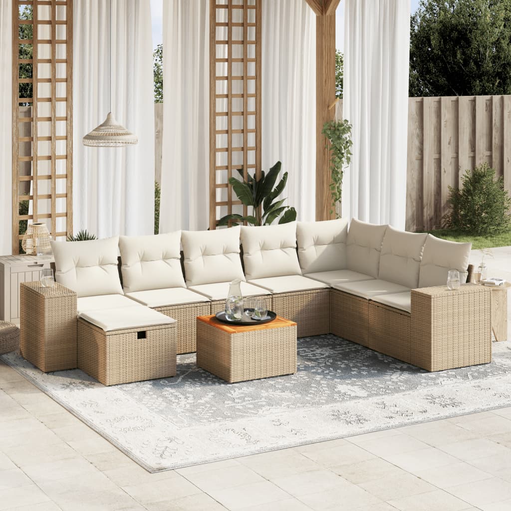 9-tlg. Garten-Sofagarnitur mit Kissen Beige Poly Rattan