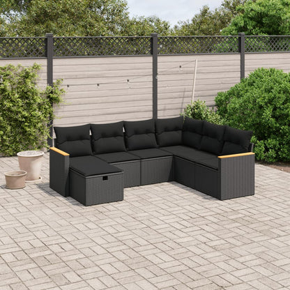7-tlg. Garten-Sofagarnitur mit Kissen Schwarz Poly Rattan