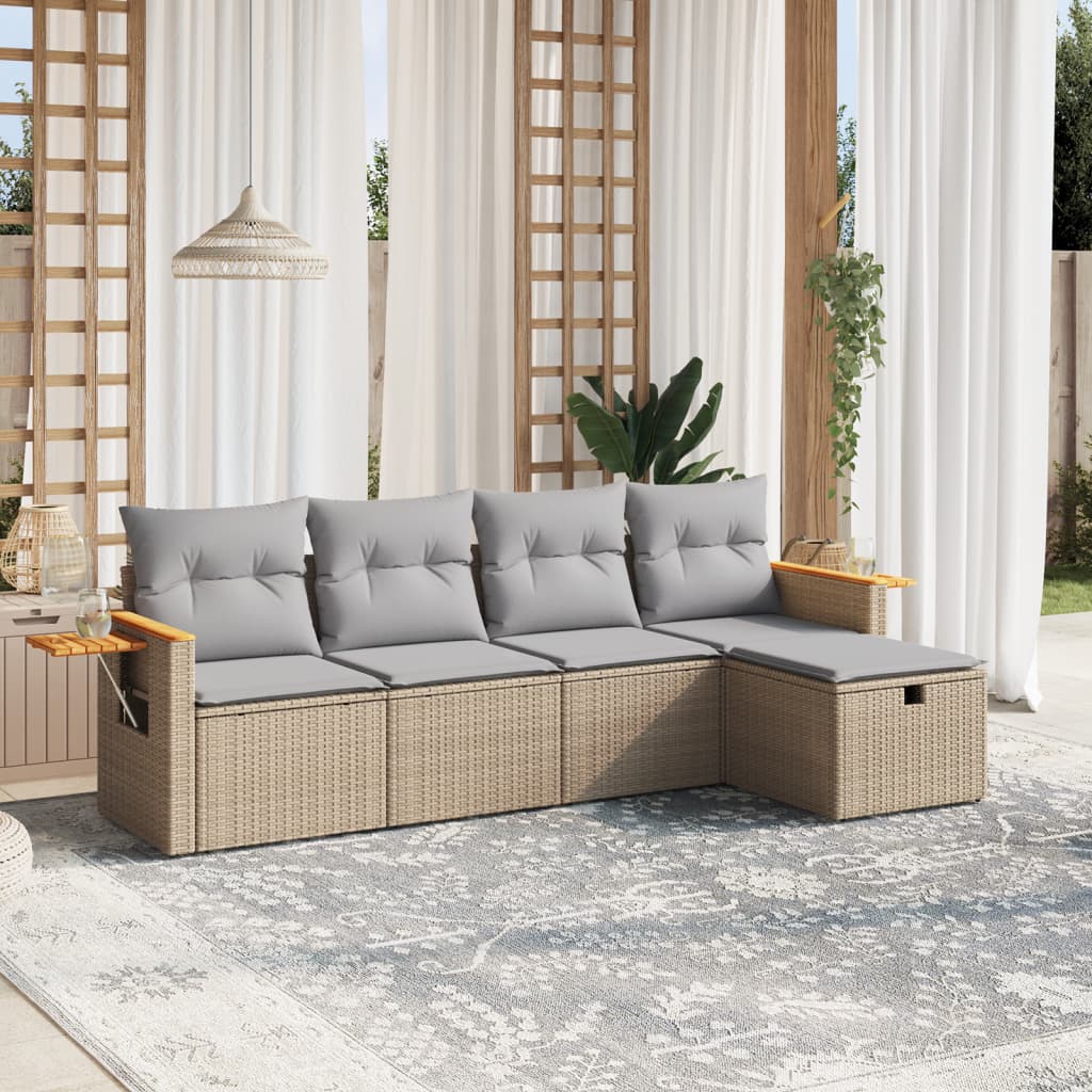 5-tlg. Garten-Sofagarnitur mit Kissen Beige Poly Rattan