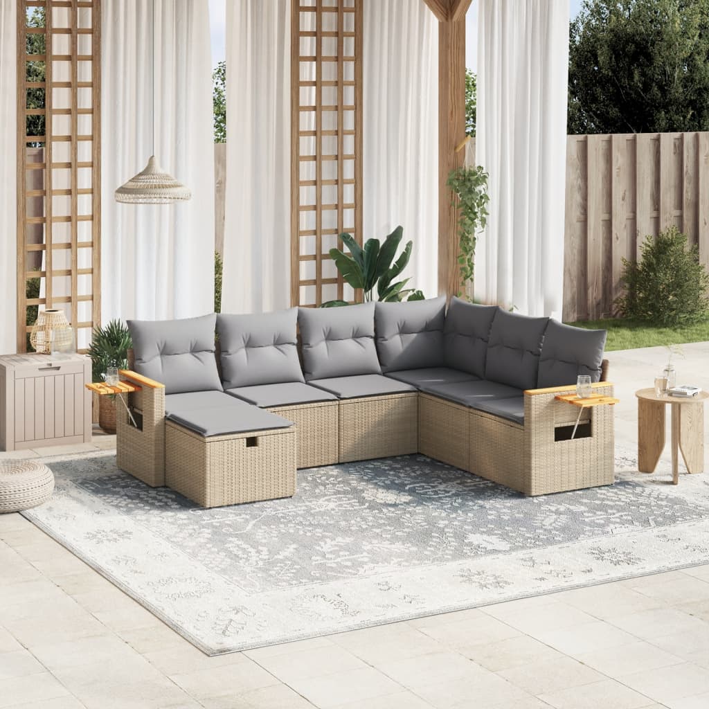 7-tlg. Garten-Sofagarnitur mit Kissen Beige Poly Rattan