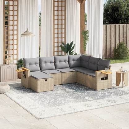 7-tlg. Garten-Sofagarnitur mit Kissen Beige Poly Rattan