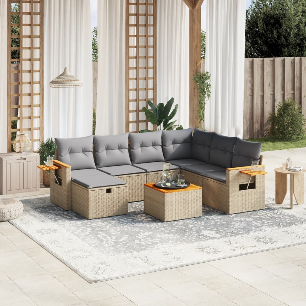 8-tlg. Garten-Sofagarnitur mit Kissen Beige Poly Rattan