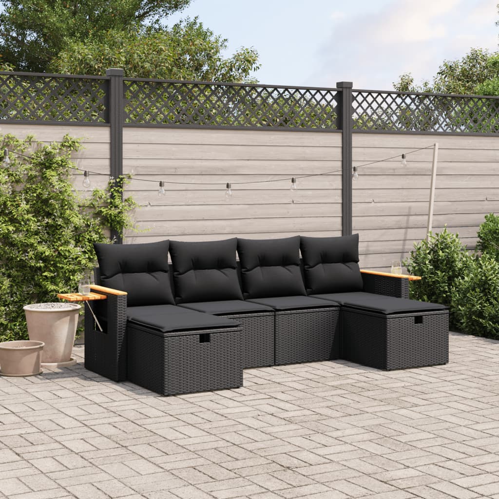 6-tlg. Garten-Sofagarnitur mit Kissen Schwarz Poly Rattan