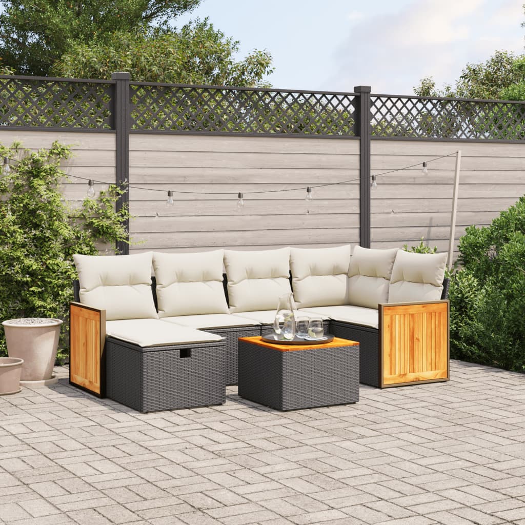 7-tlg. Garten-Sofagarnitur mit Kissen Schwarz Poly Rattan