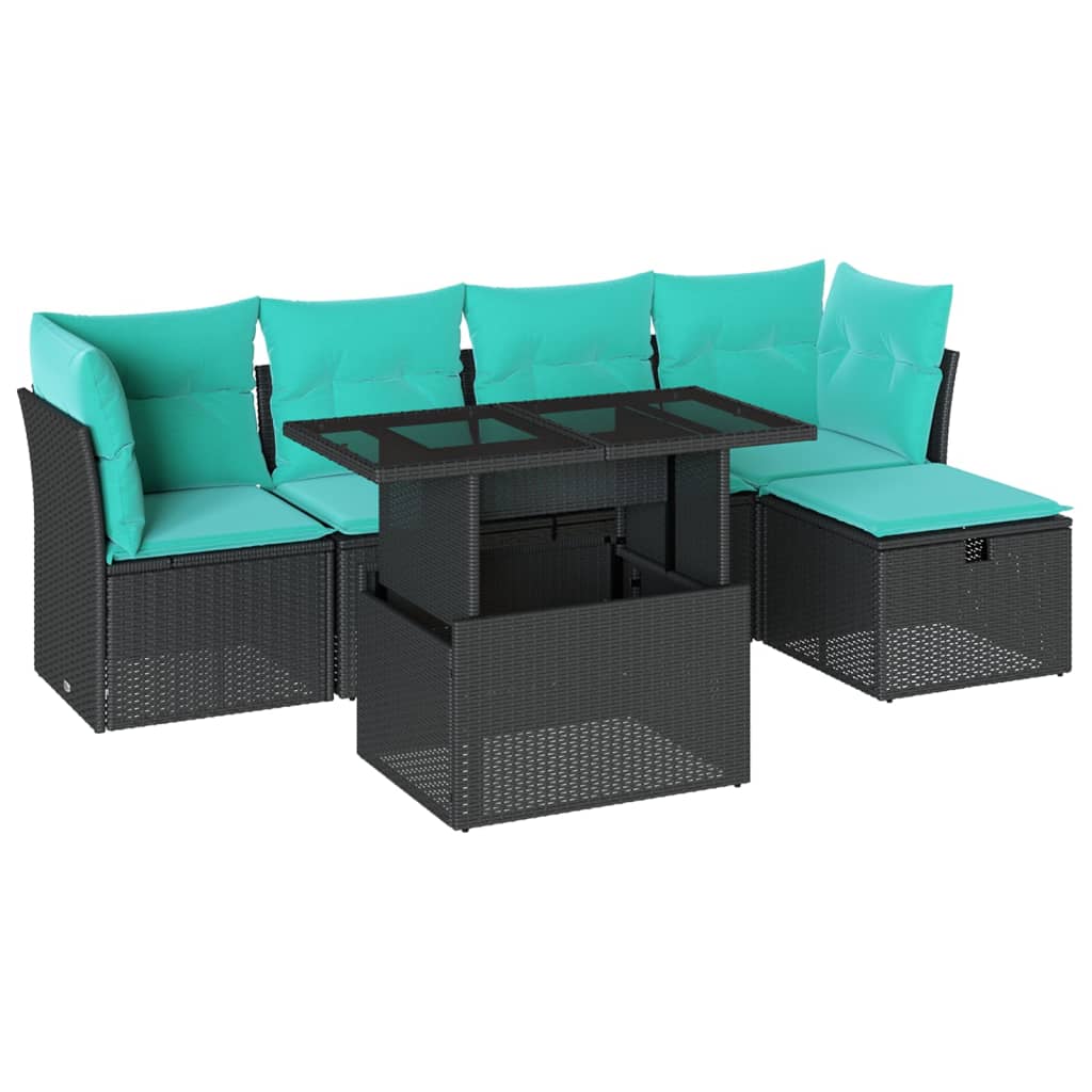 6-teiliges Gartensofa-Set mit Kissen, schwarzes Polyrattan