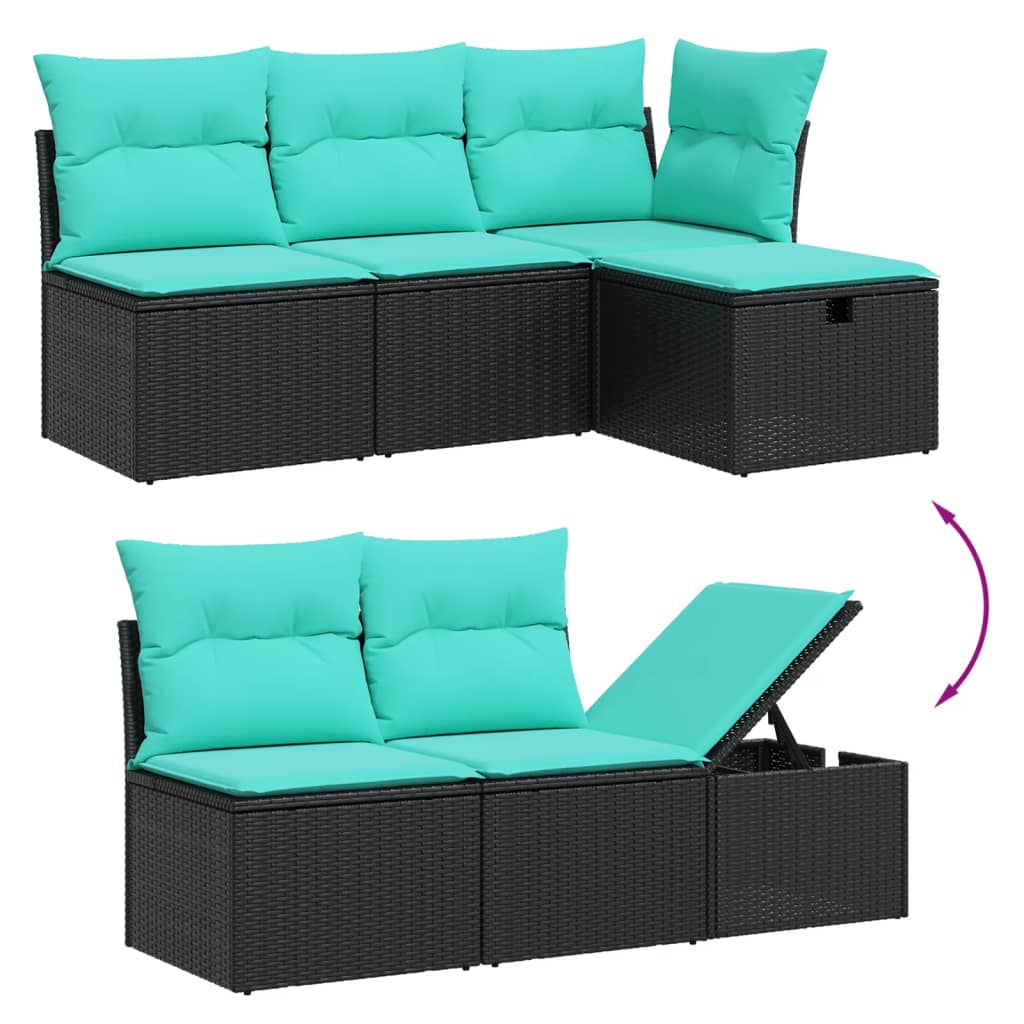 6-teiliges Gartensofa-Set mit Kissen, schwarzes Polyrattan