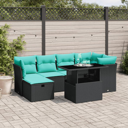 7-teiliges Gartensofa-Set mit Kissen, schwarzes Polyrattan