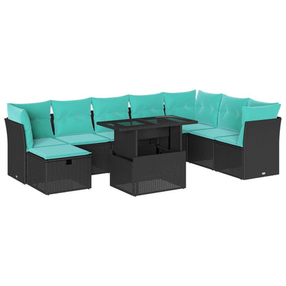 9-teiliges Gartensofa-Set mit Kissen, schwarzes Polyrattan