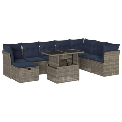 9-teiliges Gartensofa-Set mit Kissen, grau, Polyrattan