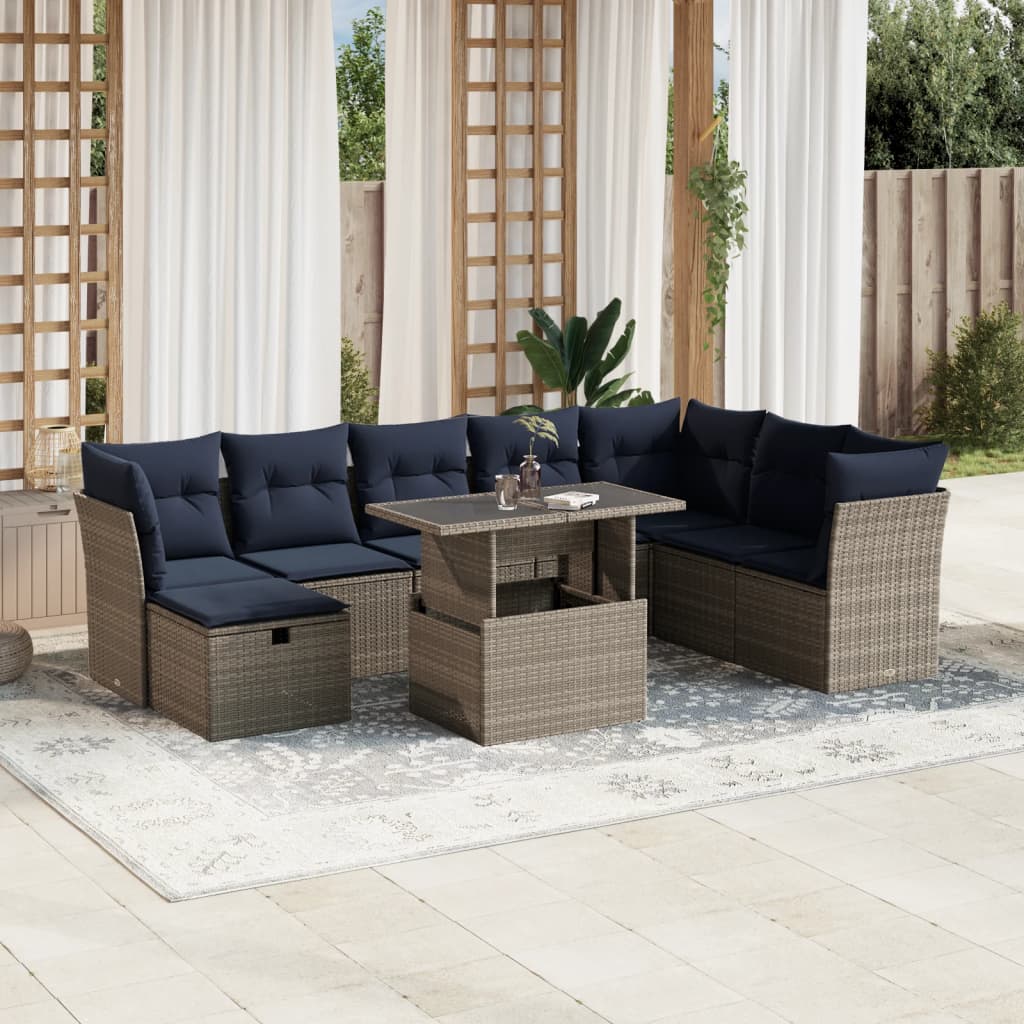 9-teiliges Gartensofa-Set mit Kissen, grau, Polyrattan