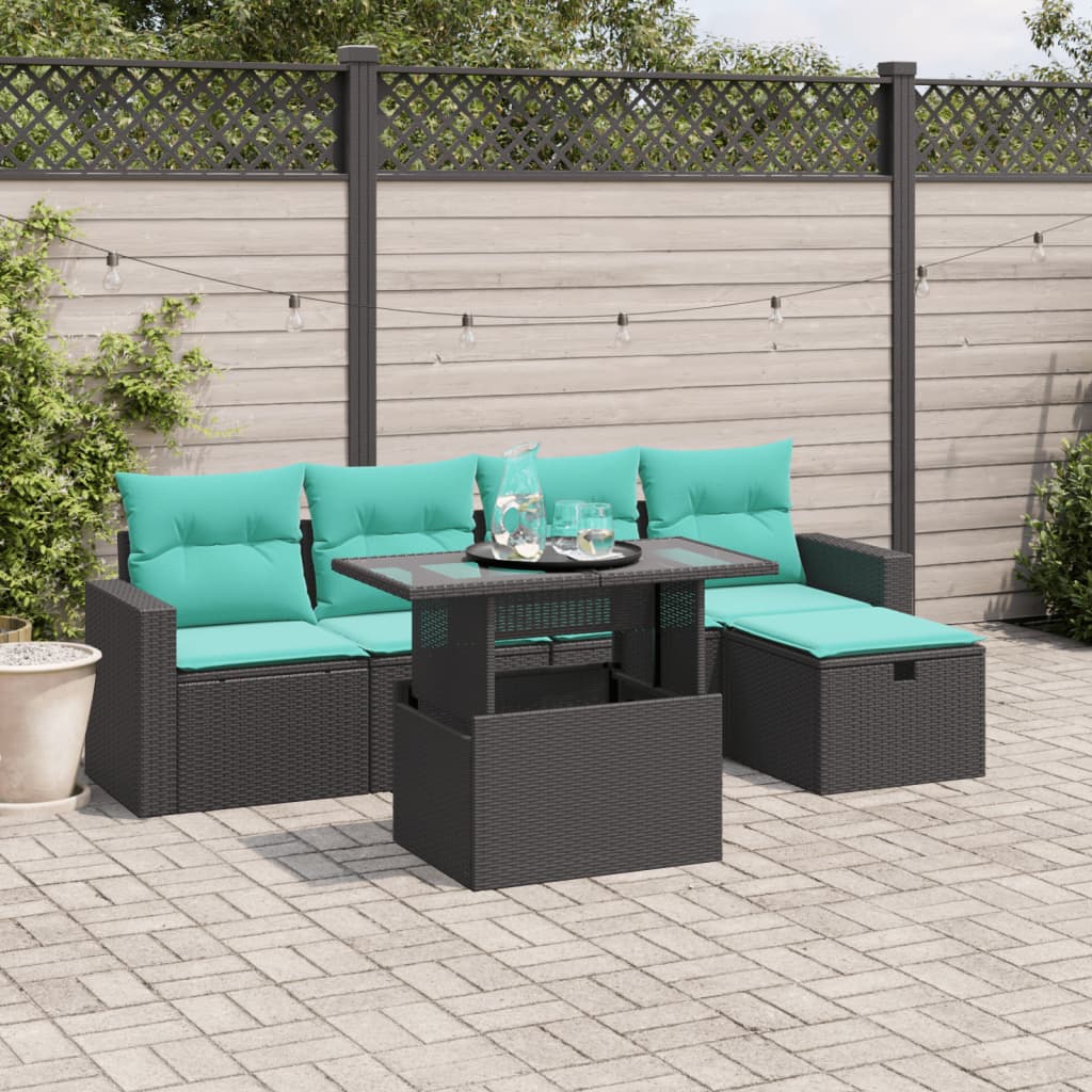 6-teiliges Gartensofa-Set mit Kissen, schwarzes Polyrattan