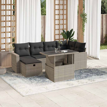 7-tlg. Garten-Sofagarnitur mit Kissen Hellgrau Poly Rattan