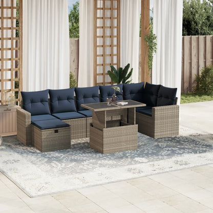 8-teiliges Gartensofa-Set mit Kissen, grau, Polyrattan