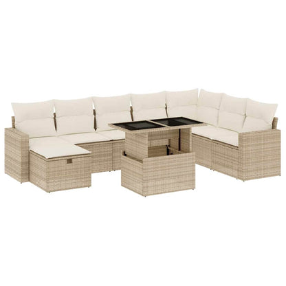 9-tlg. Garten-Sofagarnitur mit Kissen Beige Poly Rattan