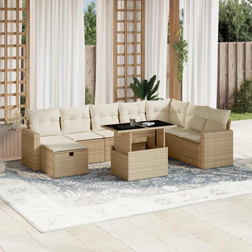 9-tlg. Garten-Sofagarnitur mit Kissen Beige Poly Rattan