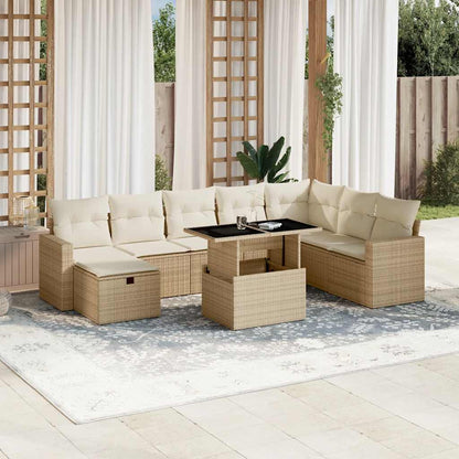 9-tlg. Garten-Sofagarnitur mit Kissen Beige Poly Rattan