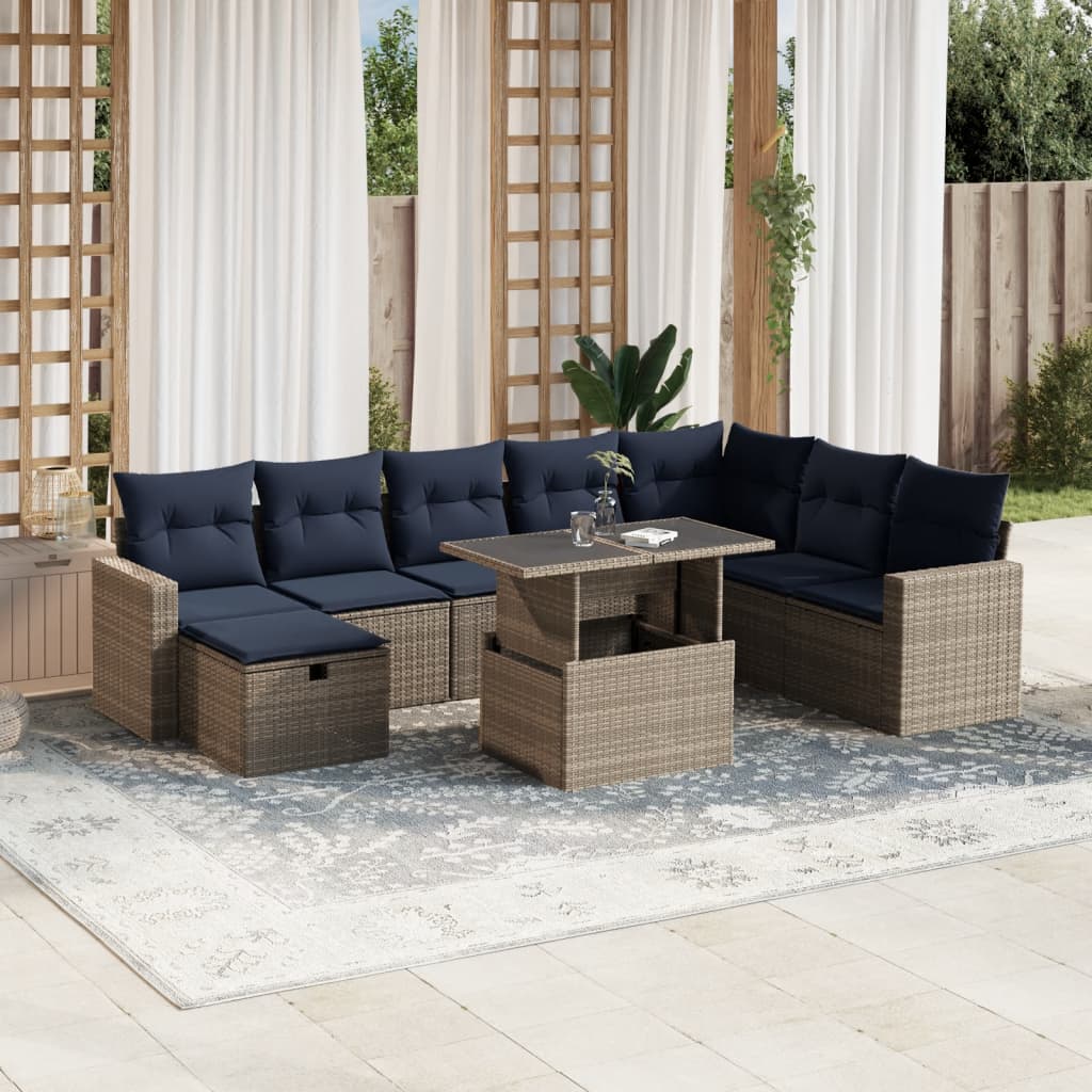 9-teiliges Gartensofa-Set mit Kissen, grau, Polyrattan