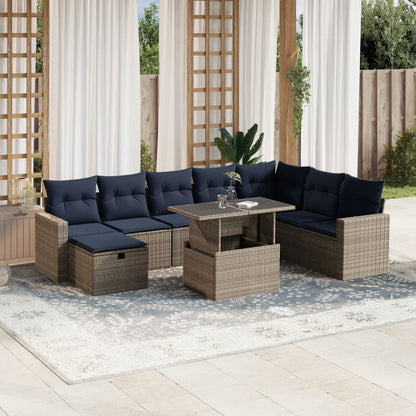 9-teiliges Gartensofa-Set mit Kissen, grau, Polyrattan